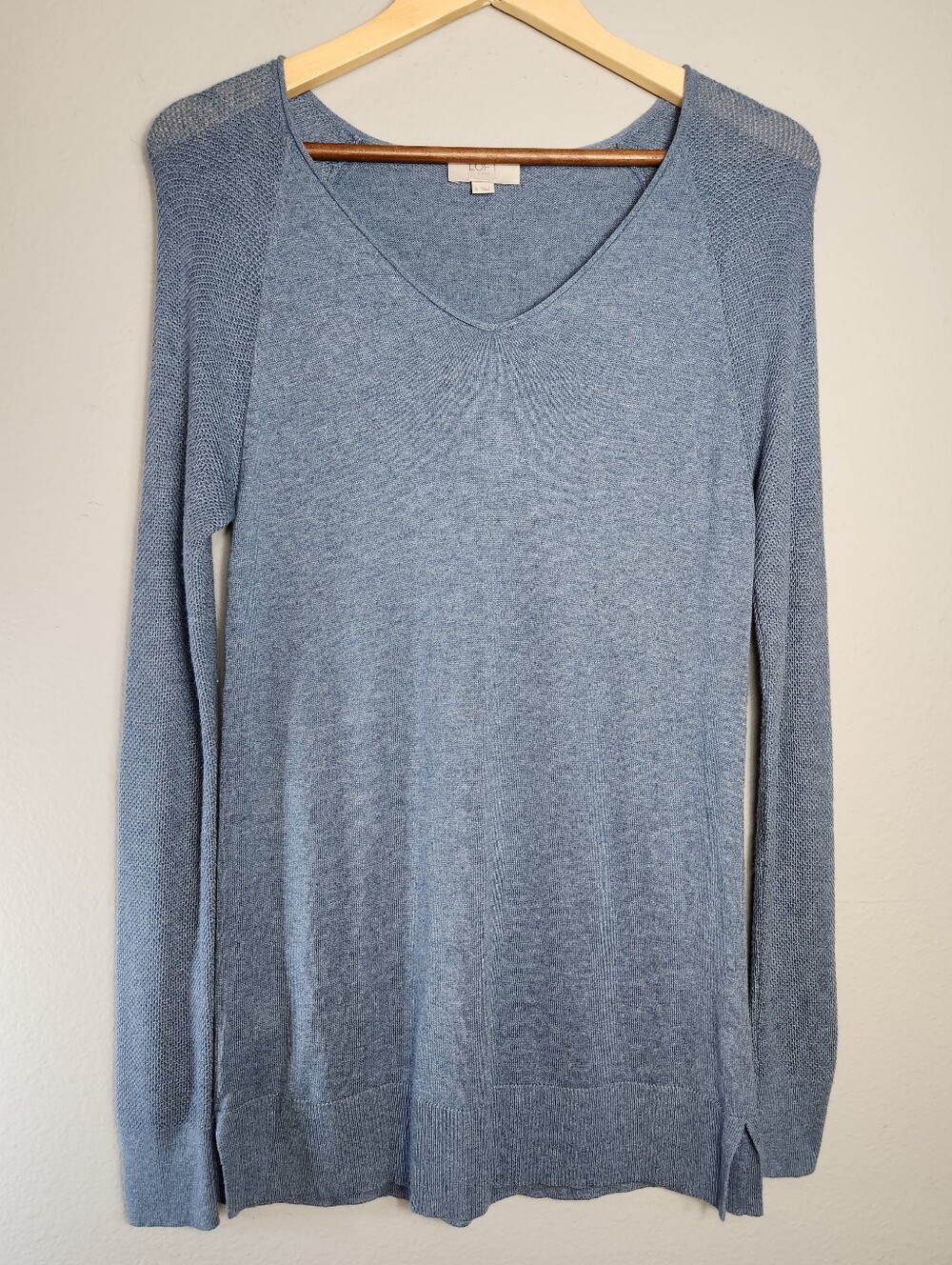 Loft Womens |S| Blue Rolled V-Neck Mixed Knit LS Lightweight Sweater Tunic